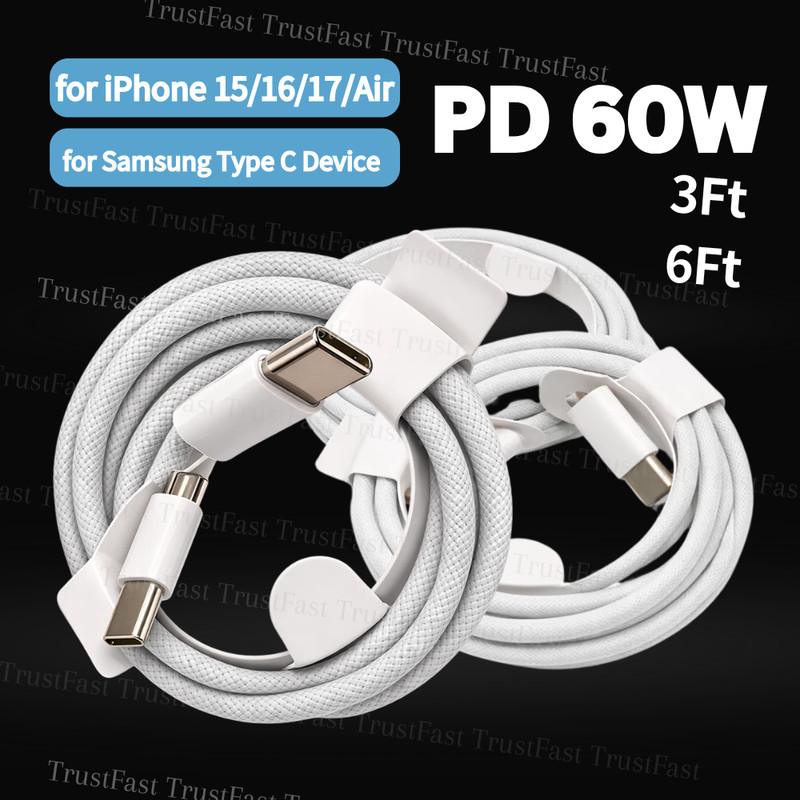 Fast Charging Cable for iPhone Air 16e 15 Plus 17 Pro 60W SB C To USB C Cord Lot gallery
