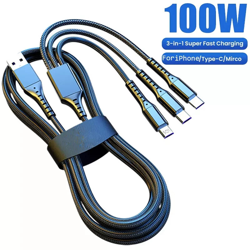 Cable 3 en 1 100W carga rápida USB para iPhone Tipo C Micro nylon reforzado