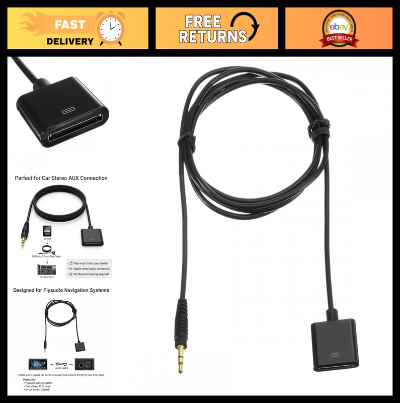 30-Pin to 3.5mm Aux Cable, 1.5m Female Dock to Male Audio for Car & Home Use