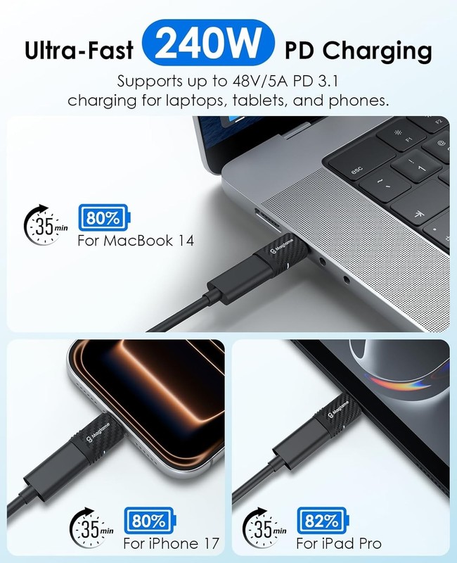 Magnetic USB C Adapter 24Pin 240W Carbon Fiber Plastic 1 Pack, Straight Type-... gallery