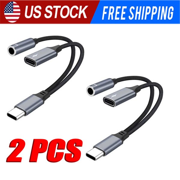 2PCS 2 in 1 Type-C USB C to 3.5mm AUX Audio Headphone Jack Adapter Charger Cable