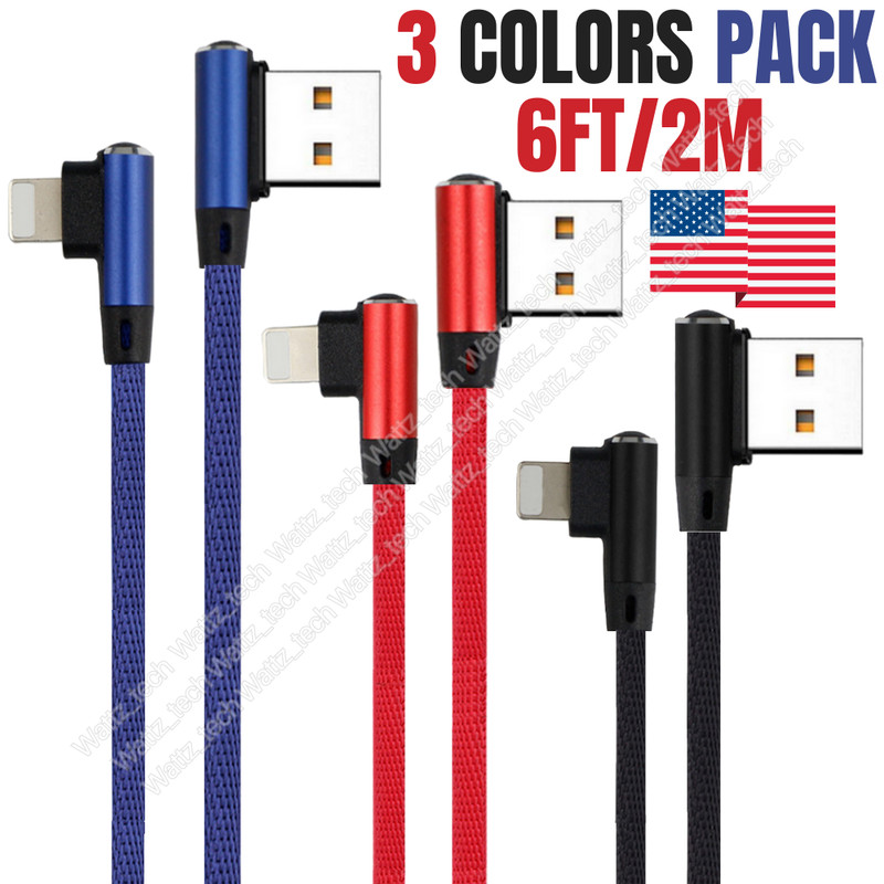 3Pack 6FT 90° Angle USB Fast Charging Cable For iPhone 14 13 8 iPad Charger Cord