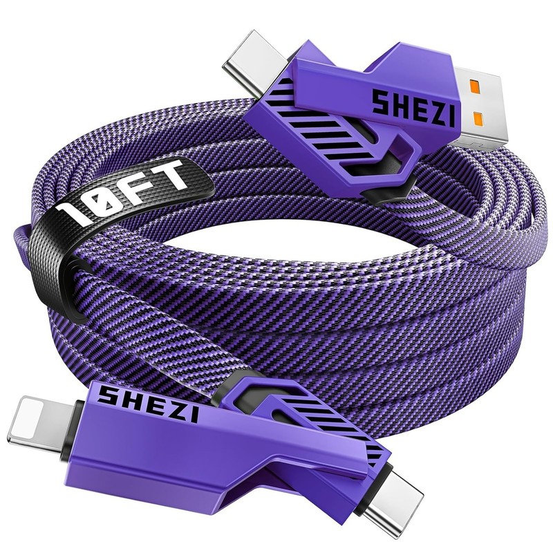 4-in-1 USB C Cable 60W 10FT Flat Nylon Braided Charger Cord Multi Port Purple