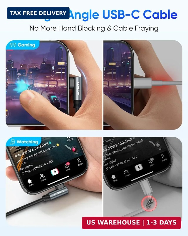 USB C Cable Right Angle, [2Pack 1FT] 60W Fast Charging USBC Cable Braided USB Ty gallery