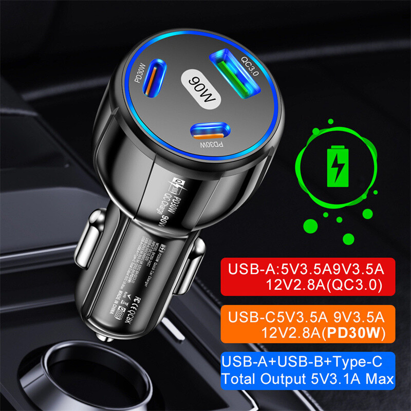 90W LED PD Fast Car Charger 3 Ports Adapter For Samsung iPhone Android Phone gallery
