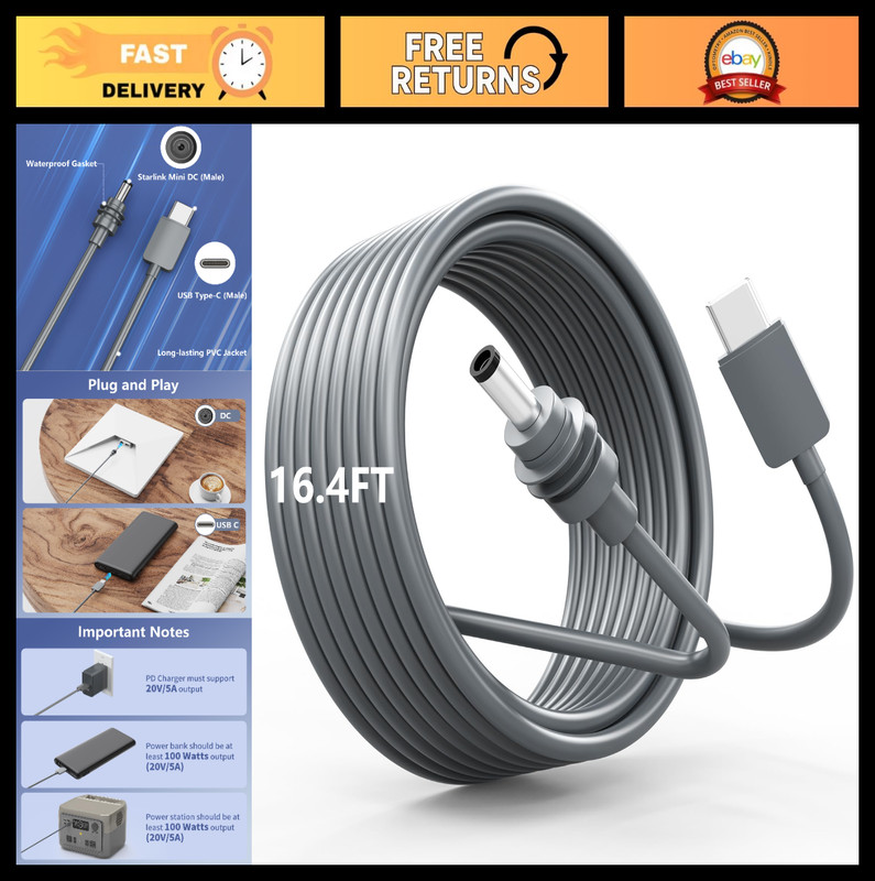 16.4FT USB C to DC Power Cable for Starlink Mini, 100W+ PD Charger, Waterproof
