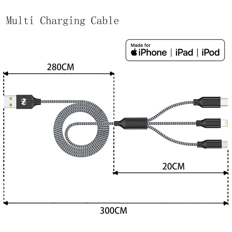Multi Charging Cable 2ft 2Pack 3 in 1 Charger Cord, 2 feet, Black/Grey-2ft gallery