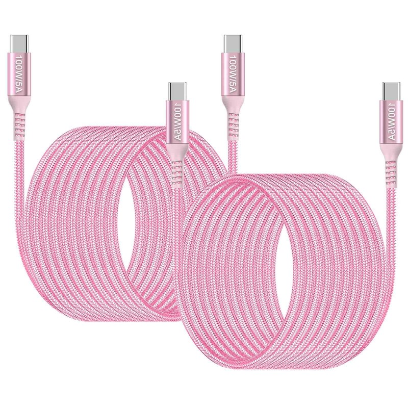 15ft USB C to USB C 100W Cable Pink (2-Pack), Long USB Type C Charger Fast Ch…
