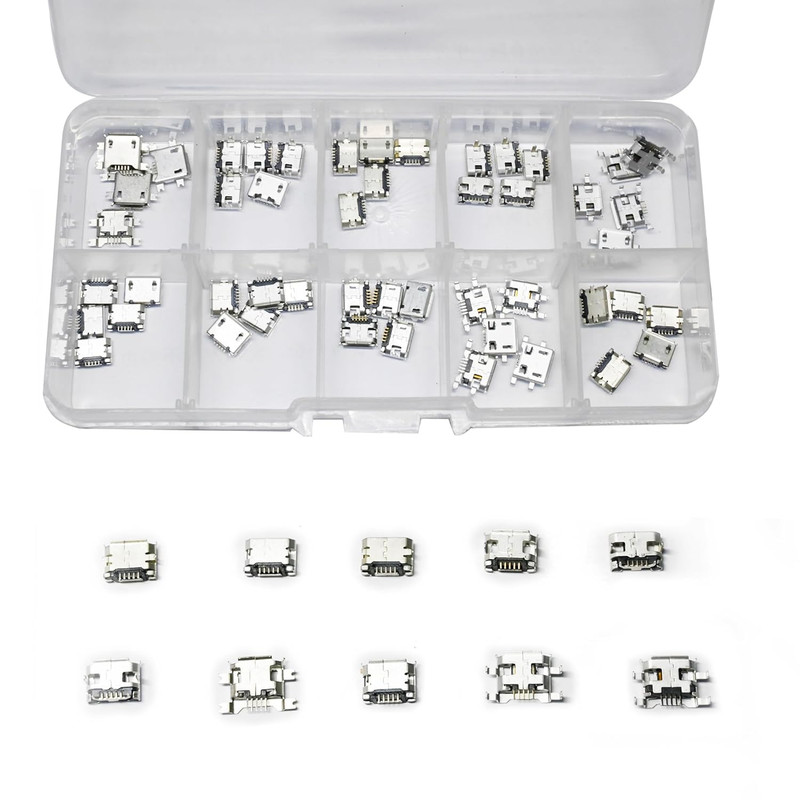 50 Pcs 10 Types Micro USB Female Connector Set, 5-Pin Micro USB Ports for Pho... gallery