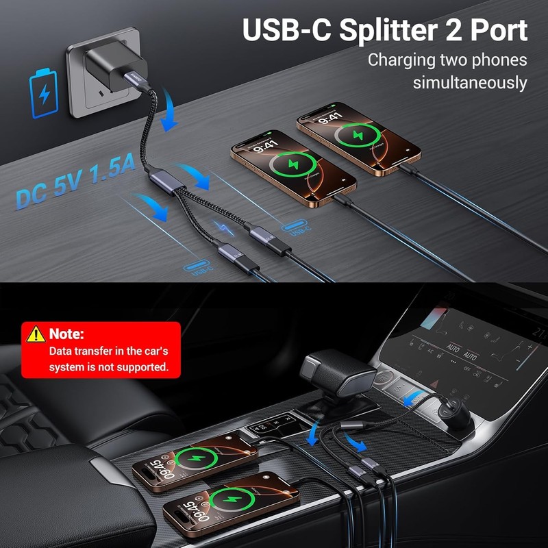 KiwiBird USB C Splitter 1 in 2 Out Charging, USBC Power Data Splitter Extension gallery