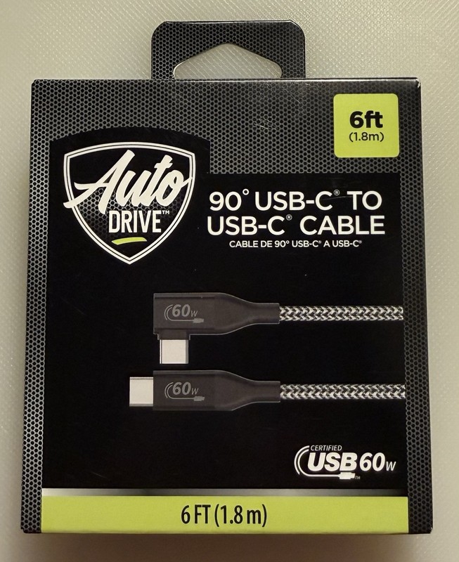 Auto Drive ~ 90° USB C to USB C ~ 60W Fast Charging ~ Braided Cable 6 ft ~ Gray