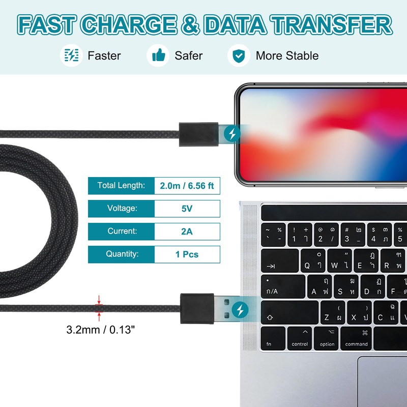 6.56ft USB Type C Charger Cable, 2A Type-C to USB A Charging Data Cord Black gallery
