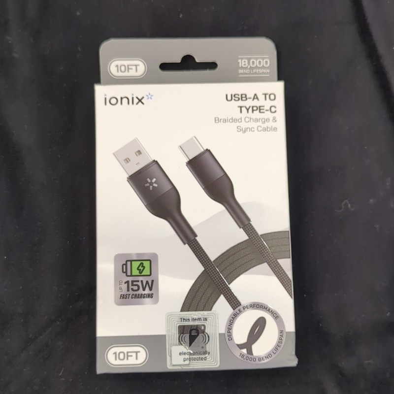 ionix USB-A to USB-C Braided Fast Charge & Sync Cable 10ft Black TNC-57/24