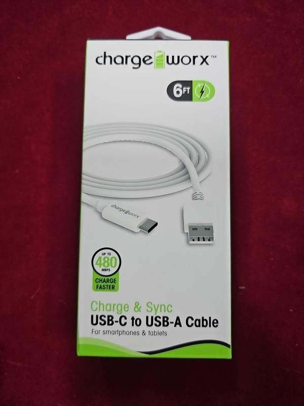 Charge Worx Charge & Sync USB-C to USB-A 480 Mbps 6 Ft Cable White NEW IN BOX