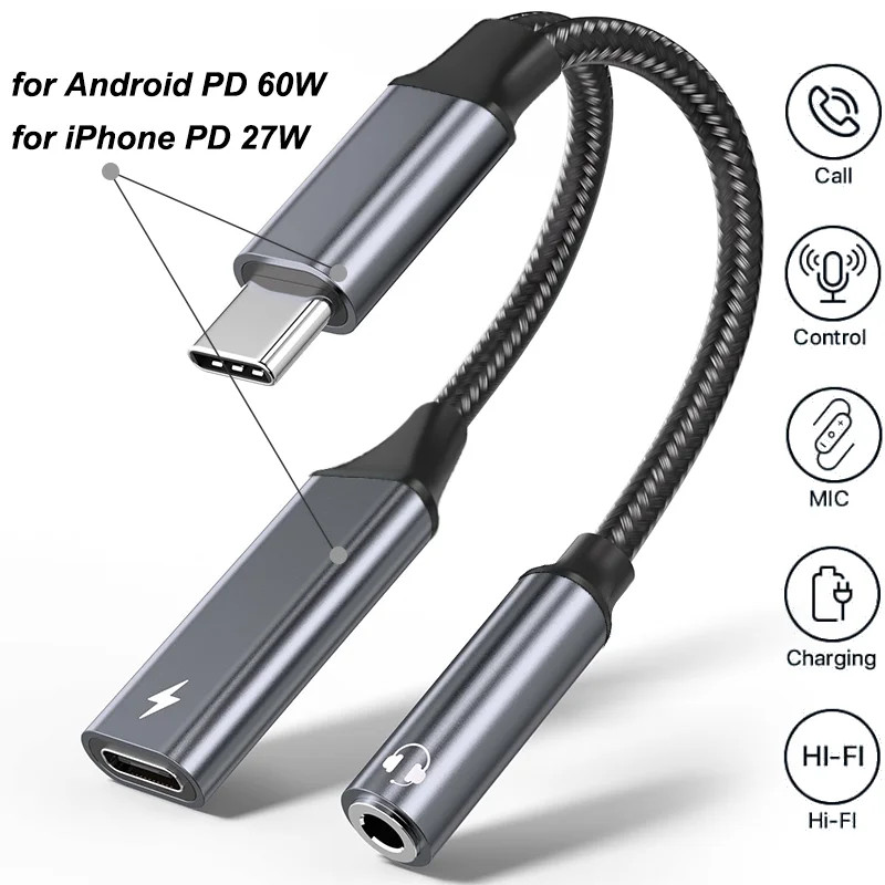 2-in-1 USB-C to 3.5mm Audio Adapter 60W PD Fast Charging Samsung Xiaomi gallery