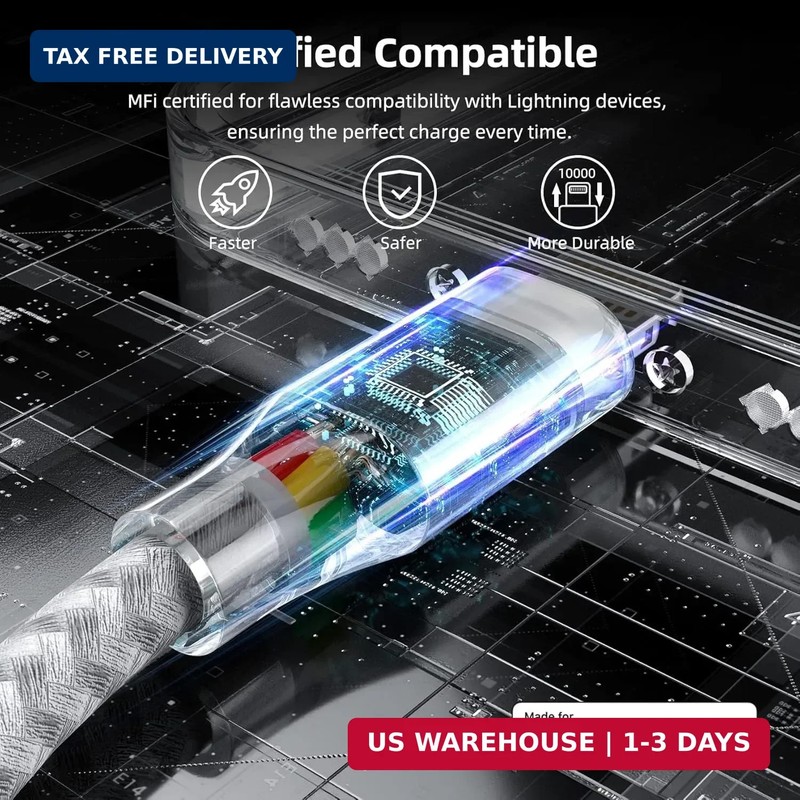 iPhone Charger 3 Pack 10 ft Apple MFi Certified Lightning Nylon Braided Cable Fa gallery
