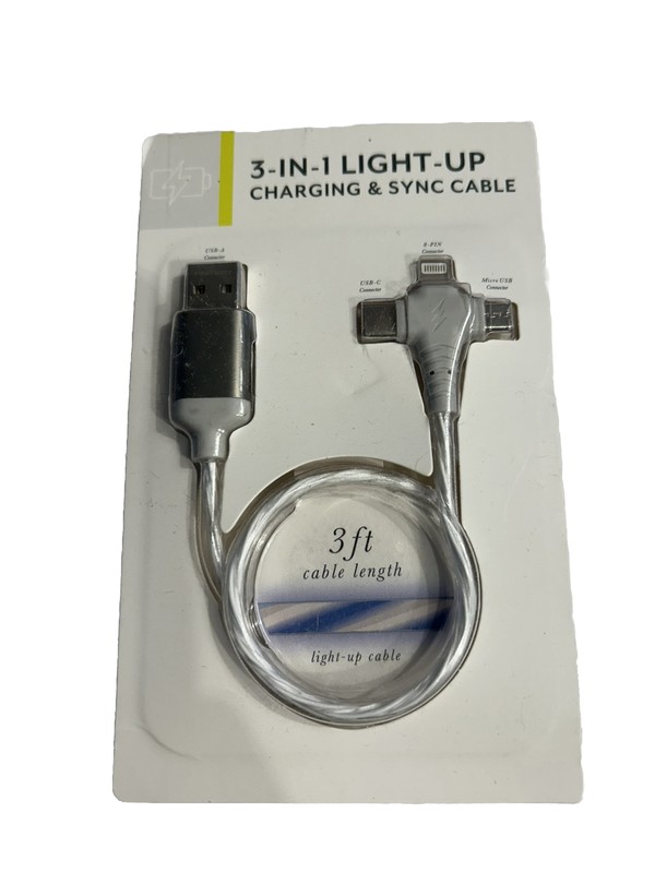 Light Up Charging & Sync Cable 3 Feet Cable Length 3-in-1 New
