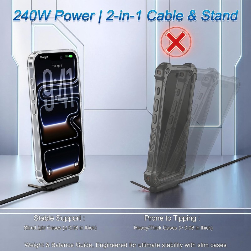 240W Braided Foldable Phone Stand Cord,T-Shaped Foldable Durable USB-C to Type-C gallery