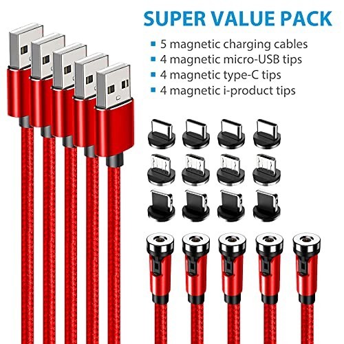 Magnetic Charging Cable 5-Pack (3/3/6/6/10FT) - 540° Rotating, LED Light, 90° An gallery