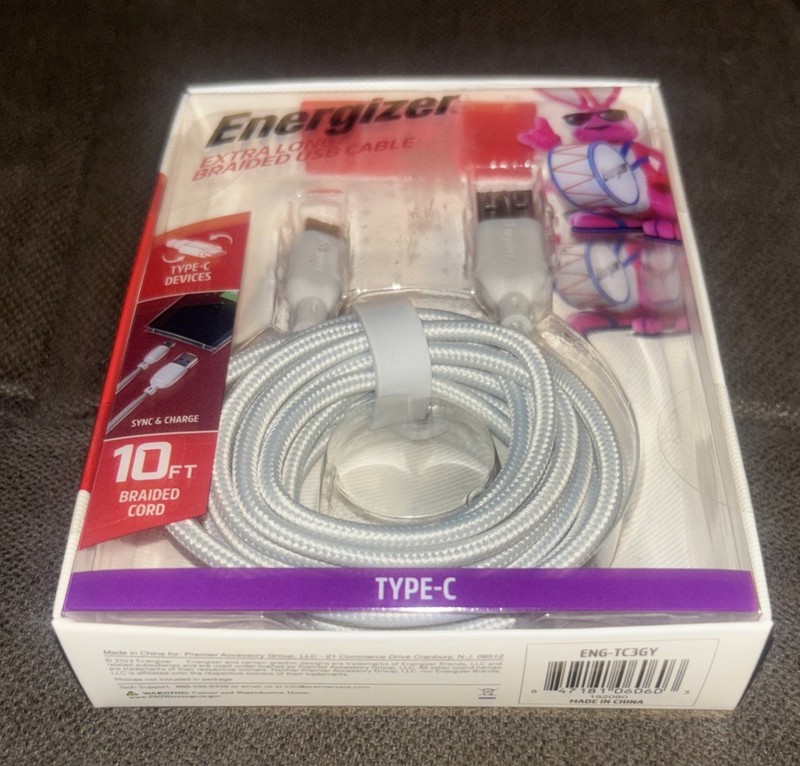 Energizer 10ft Extra Long Braided🪫Type-C to USB Charging Cable🔋Gray gallery