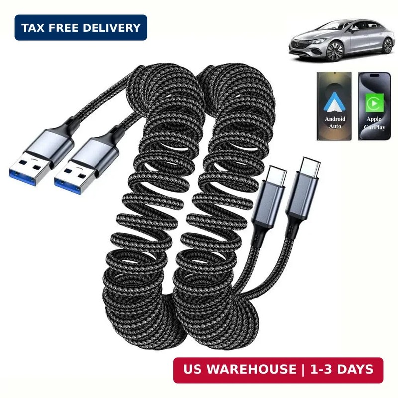 Coiled CarPlay Cable 2-Pack 3ft USB A to USB C Fast Charging Cord, Retractable B