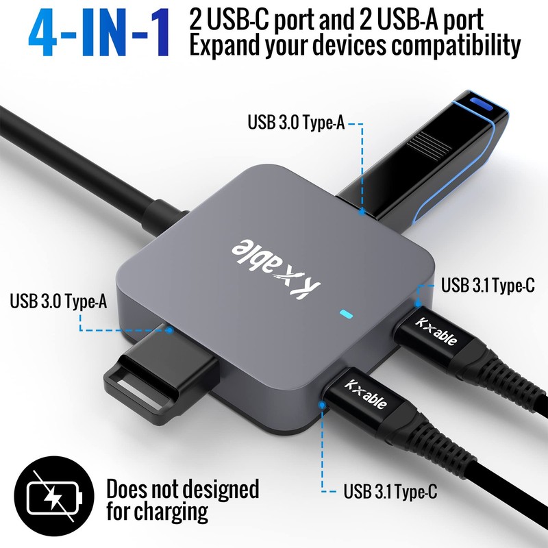 25FT USB 3.0 Extension Cable, 4-Port Hub, 2 USB-A, 2 USB-C, Y Splitter Cord gallery