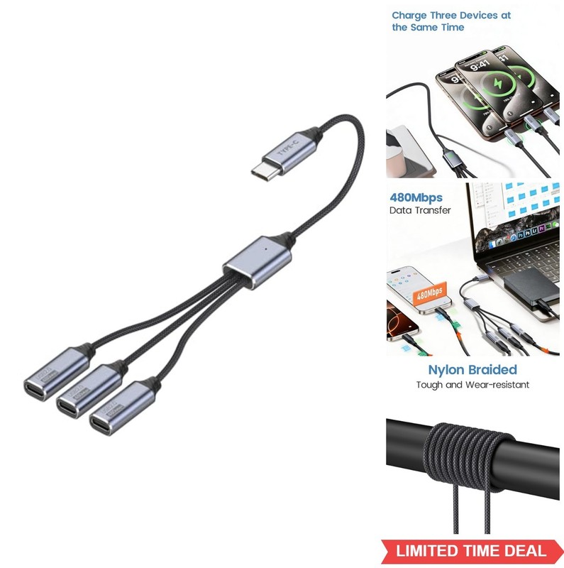 USB C Splitter 1 in 3 Male to Female Adapter Charging Data Transfer Cable For