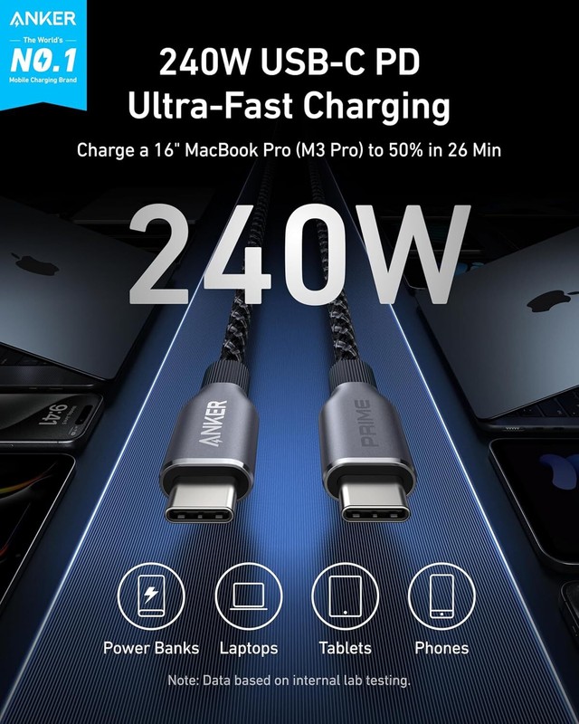 Anker Prime USB C Cable 240W Charging 3ft Braided Nylon for iPhone 16/Galaxy S24 gallery
