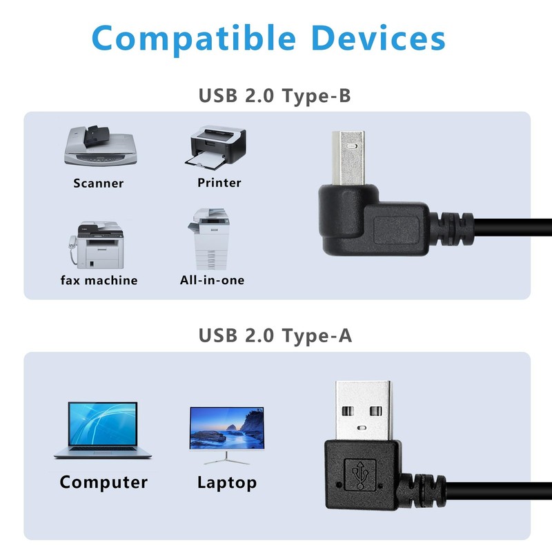 90 Degree Short USB Printer Cable 25CM Right Angle USB 2.0 Type A to B 2 PCS gallery