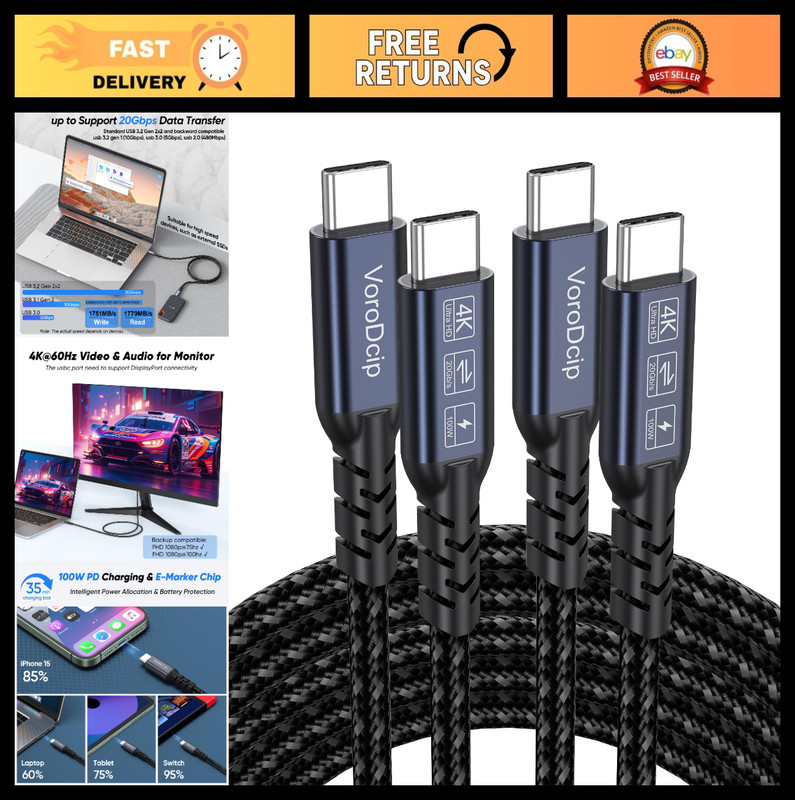 6FT USB C to USB C Cable 2 Pack, 20Gbps High Speed, 4K@60Hz Video, 100W Fast Cha