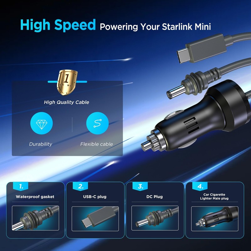3 in 1 Starlink Mini Cable 16.4FT/ 5M, High-Speed USB C/Car Charger/DC to DC ... gallery