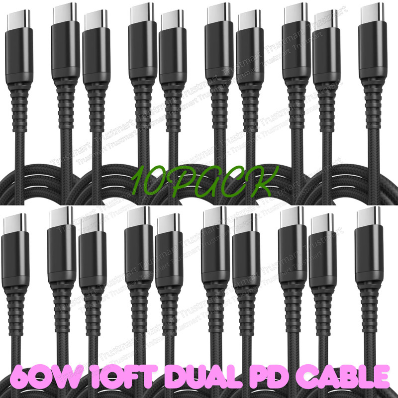 10Pcs 60W Type-C Cable USB-C to USB-C Fast Charger 10FT Cord For iPhone 15 16 17