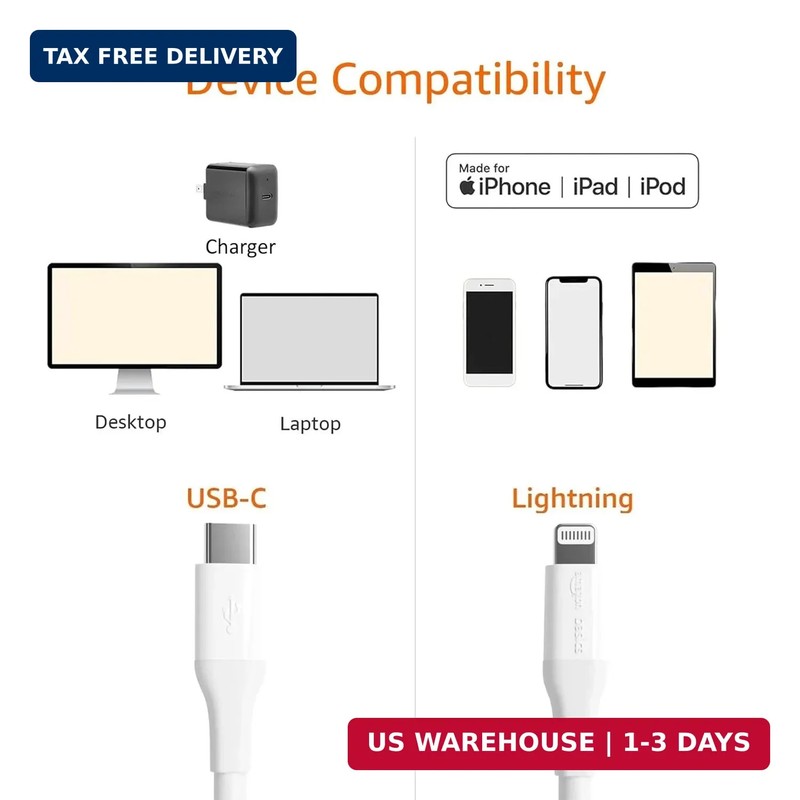 Amazon Basics MFi Certified USB-C to Lightning Fast Charging Cable, Power Delive gallery