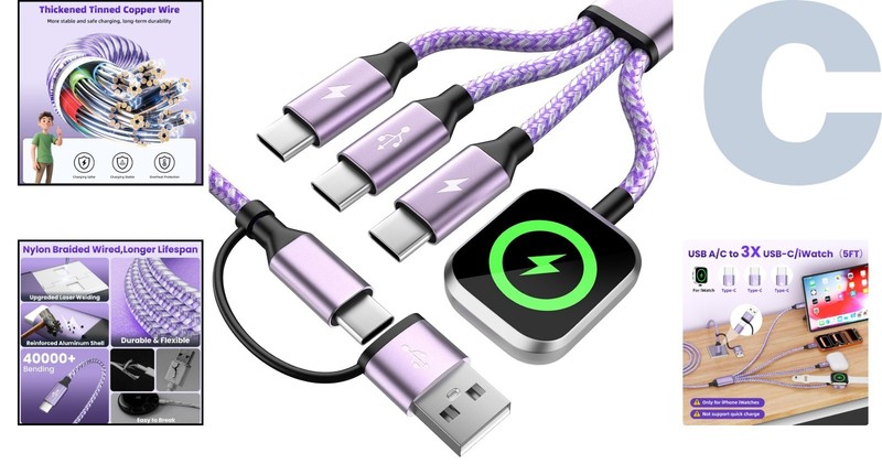 5FT Travel-Ready Braided Charging Cable for iWatch & Smartphones - 3 USB Ports gallery
