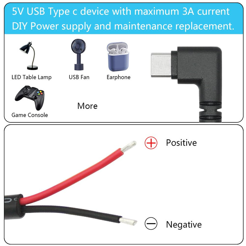 4Pcs USB C to 2 Pin Bare Wire Open End Power Cord 10Inch, 90 Degree USB Type C M gallery