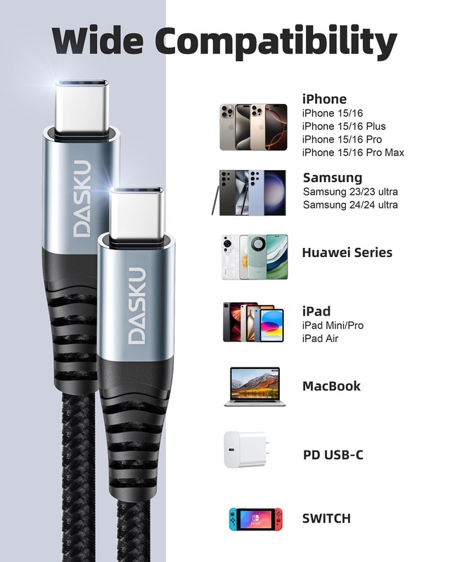 Extra Long USB C to C Cable 100W [15ft/2 Pack] Charger 15FT 2Pack, Black gallery