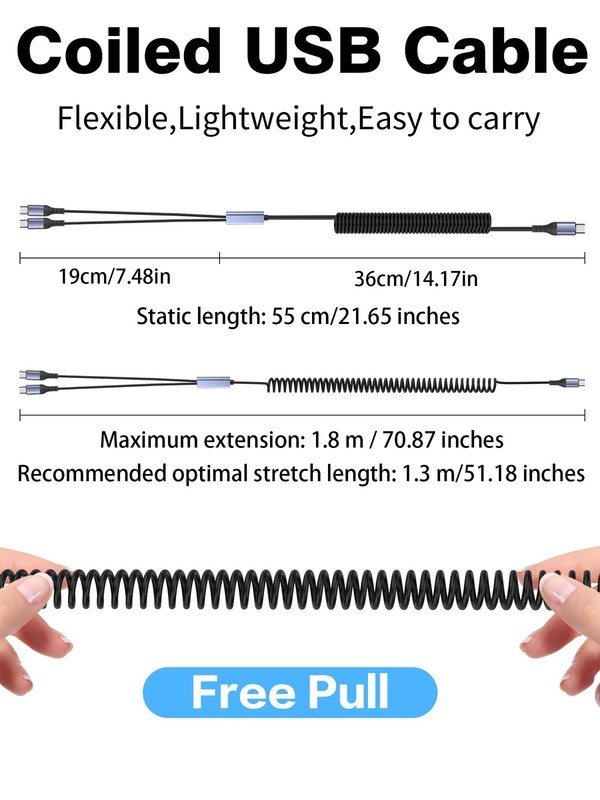 2-in-1 USB A/to Dual USB -Coiled Charger Cable,66W Fast Charging Retractable ... gallery
