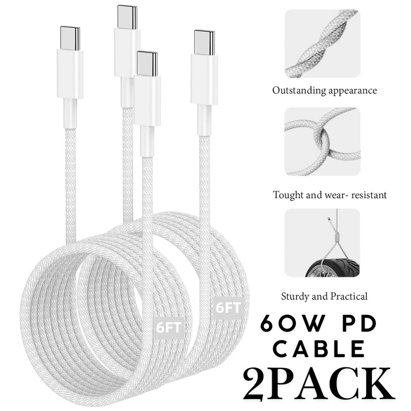 2PACK 6Ft PD USB C Cable Type C-C 60W Fast Charging For iPhone 15 PRo 16e 17 Air