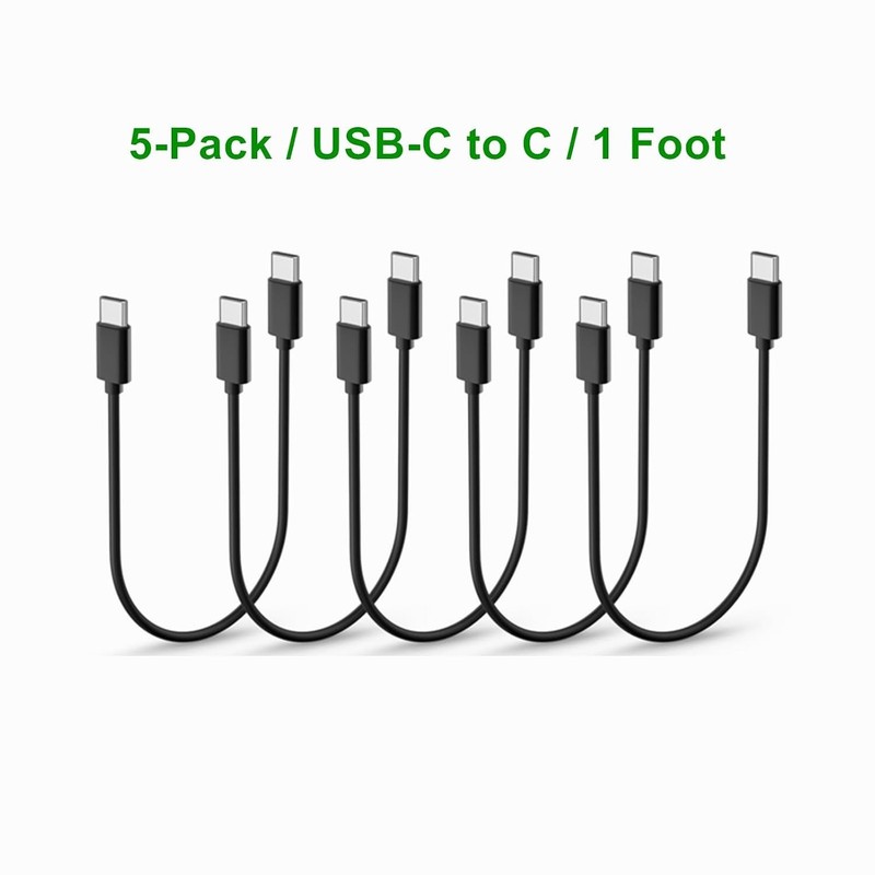 USB C to C Charger Cable 5-Pack 1ft Short Black Fast Charge 60W gallery