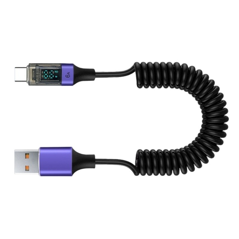 USB To Type C 66W Fast Charging Cable With LED Power Display Spring Coiled Cable
