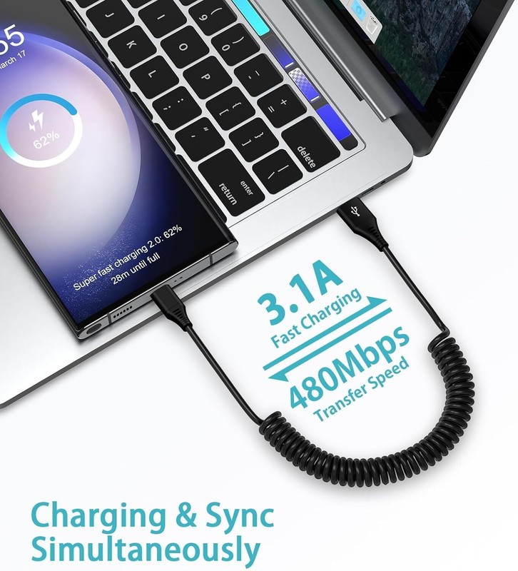 USB to USB C Cable Coiled 3FT Car Charger Cord for Iphone 15/15 Pro/15 Pro Max,, gallery