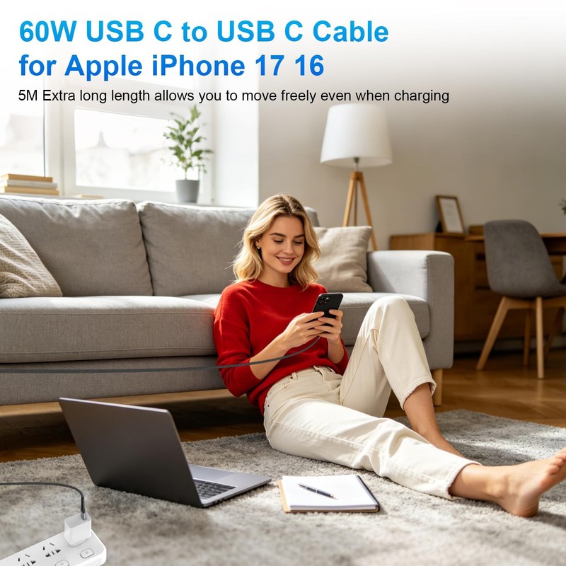 USB C Cable 16FT Fast Charging 60W Right Angle USB C to Type C Charger Cable ... gallery
