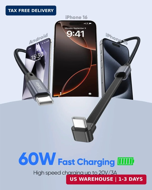 90 Degree USB C Cable 1FT, Right Angle USB C Cable Flat 60W Fast Charging Nyl... gallery