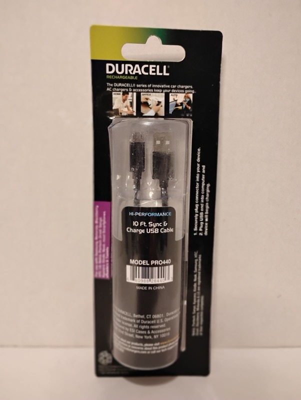 Duracell 10' USB to Micro USB Sync & Charge Cable Fabric Cord Black PRO440 gallery