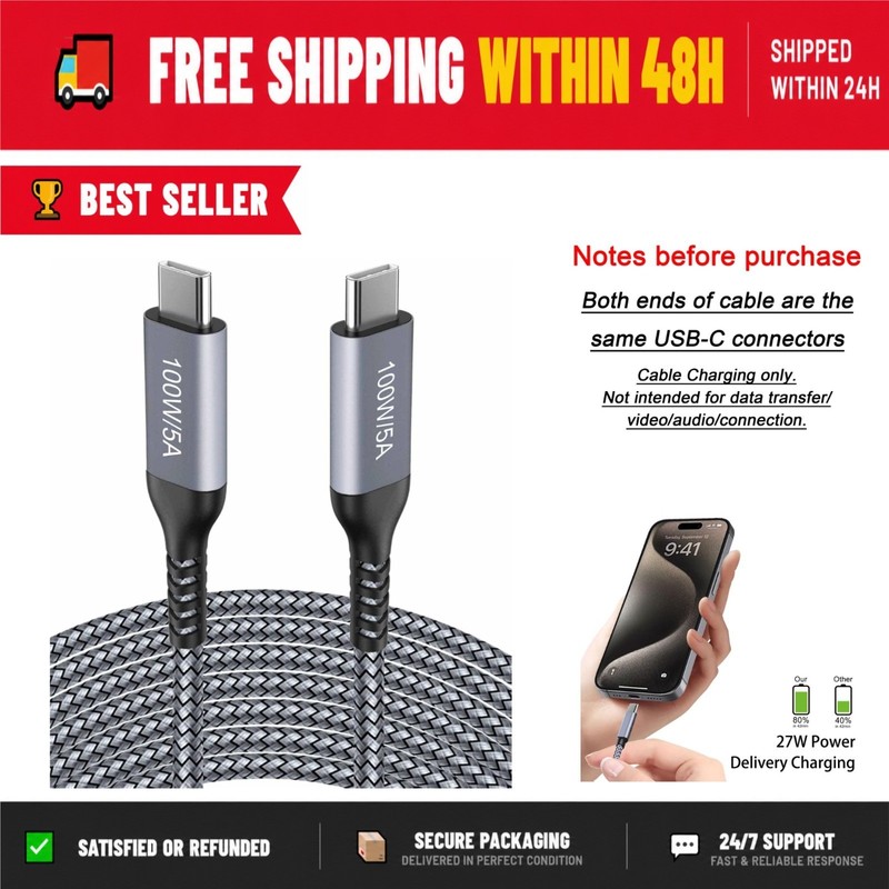 15FT USB C to USB C Cable 100W Fast Charging for iPhone 15, Samsung Galaxy