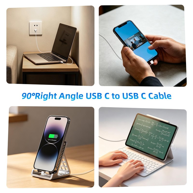 60W USB C Cable Right Angle, 3FT PD Fast Charging Cord Braided Type C Data Ca... gallery