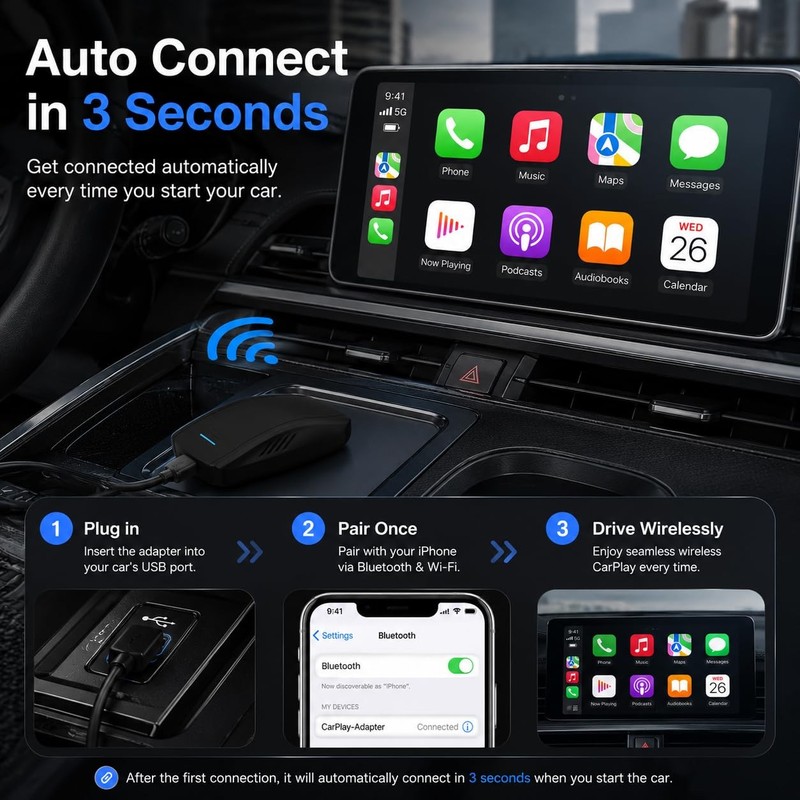 Wireless CarPlay Adapter for iPhone, Converts Wired CarPlay to Wireless, Fast... gallery