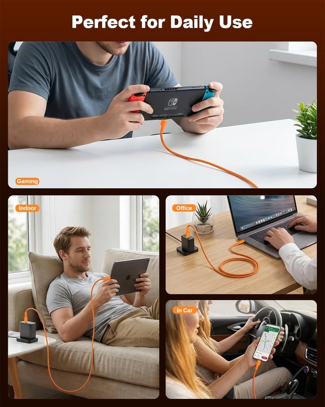 240W USB C Cable, Orange Braided C to C Cable Fast Charging 6.6FT 2-Pack, Typ... gallery
