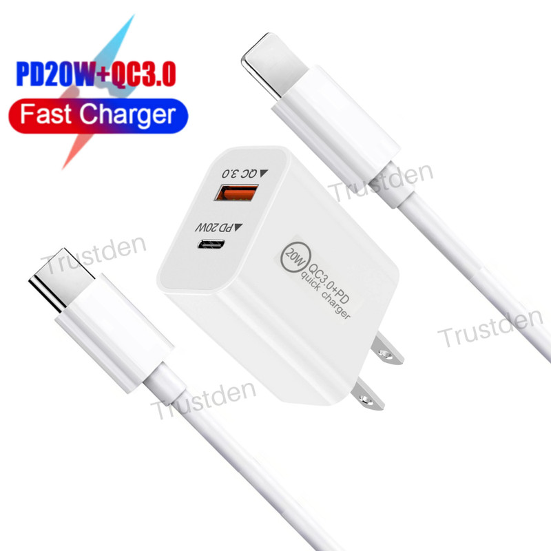 For iPhone 13 12 11 8 20W PD QC 3.0 Fast Charger Plug Power Adapter USB C Cable
