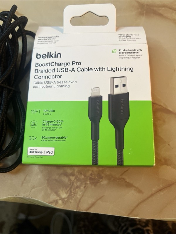 New Belkin BoostCharge Pro Braided USB-A to Cable 10ft 3m Black